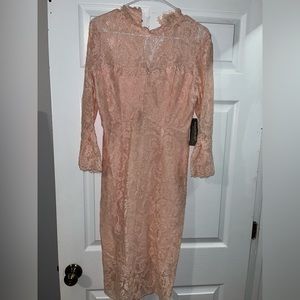 NWT Pink/Blush Lace Mock Neck 1/4 Sleeve Midi Dress
